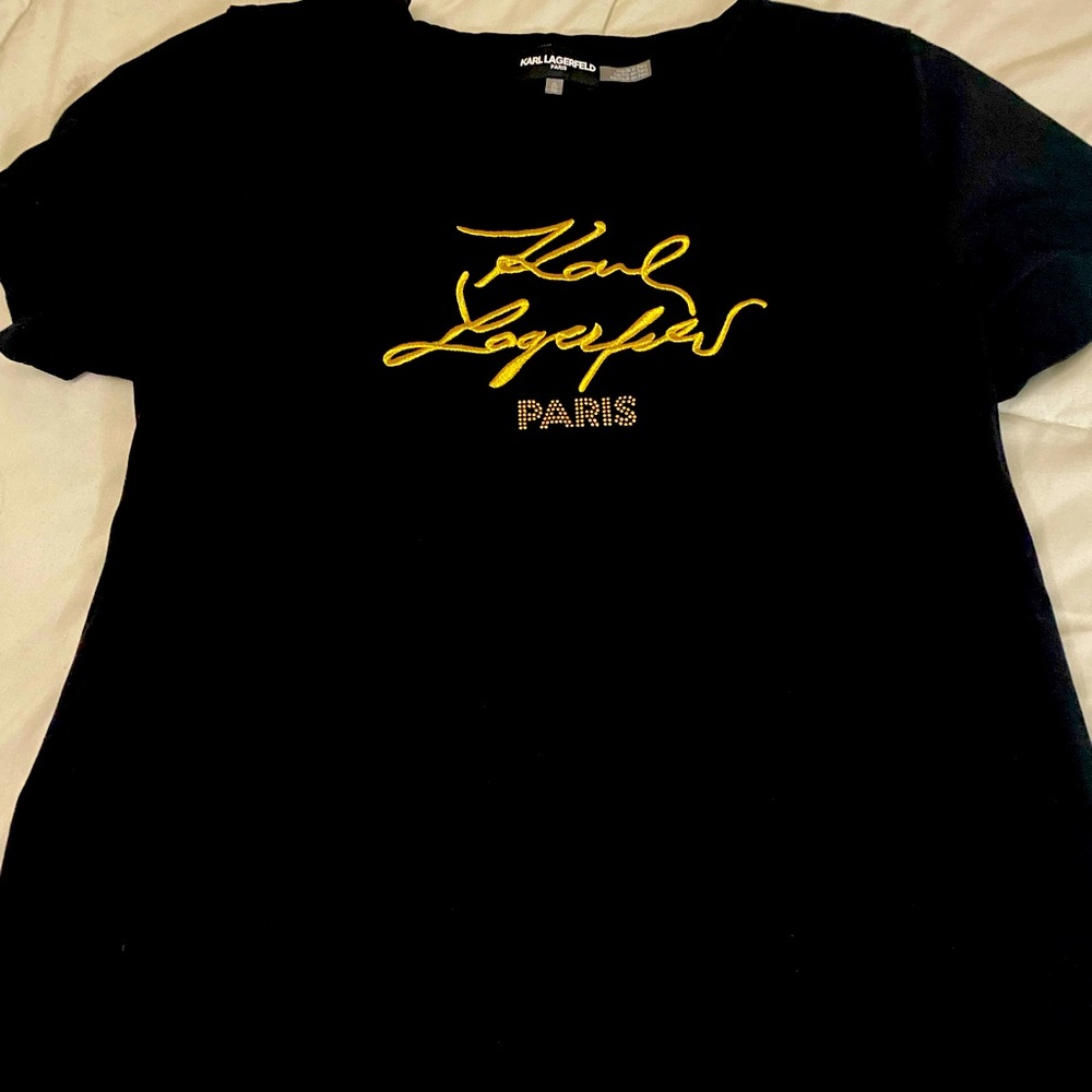 Karl Lagerfeld Paris Gold Embroidery on Black TShirt Women’s Unisex size XL